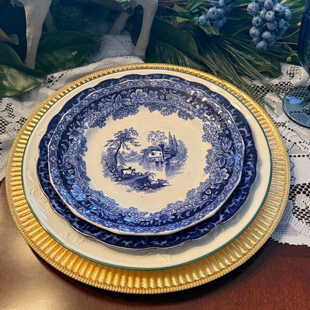 W. ADAMS & SONS ENGLISH BLUE WHITE LORRAINE TRANSFERWARE PLATE RIVER SCENE-8.5”